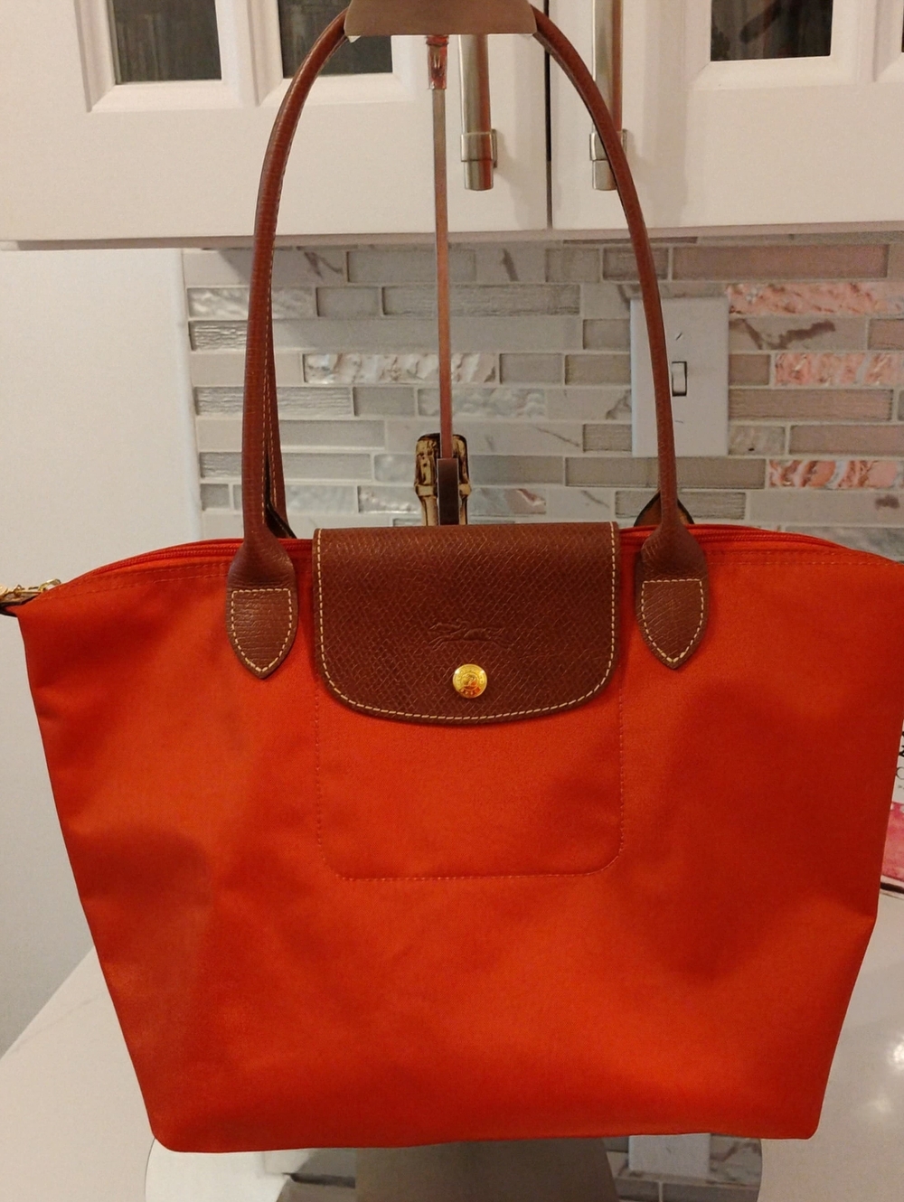 EUC Longchamp Classic Nylon Tote - Orange with Cognac Leather Trim & GHW